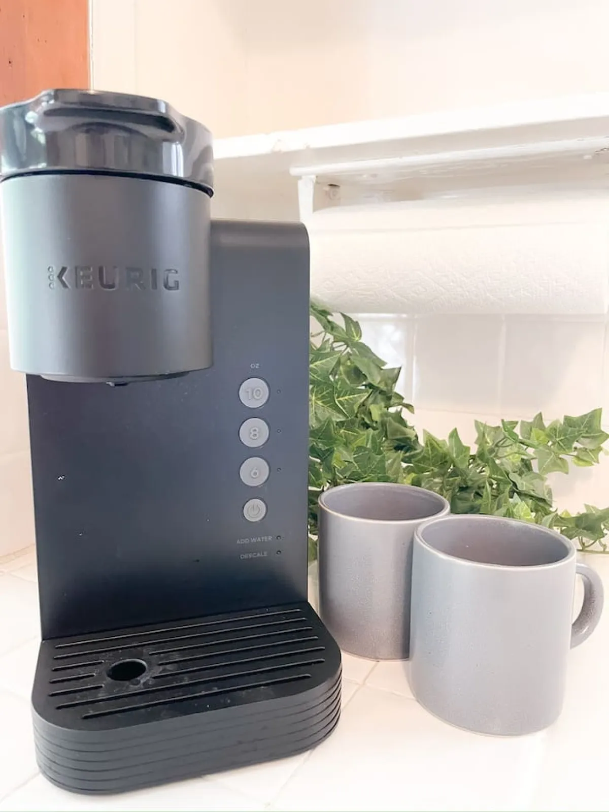 A close-up image of a Keurig coffee maker with two grey mugs and lush greenery in the background. The arrangement suggests a warm, inviting spot for morning coffee routines or casual chats, emphasizing the modern appliance and cozy touches described in the section.
